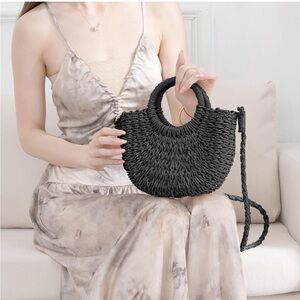 Rattan straw Black Woven Handbag / crossbody travel beach mini NEW